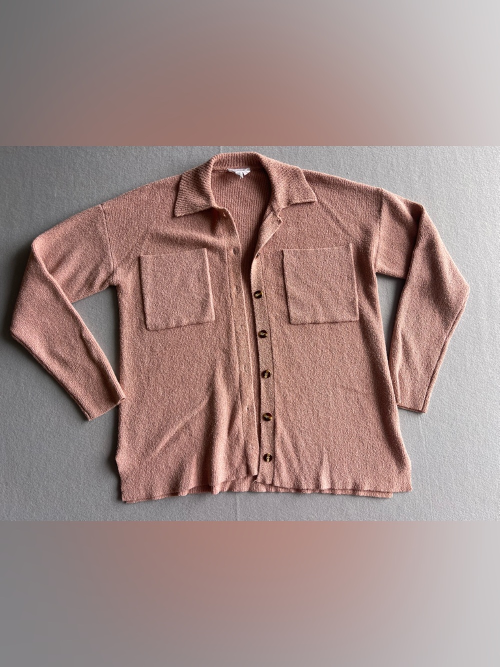 Heyson Bouclé Knit Sweater Jacket Pink Button Front Pocket Cardigan Minimalist S